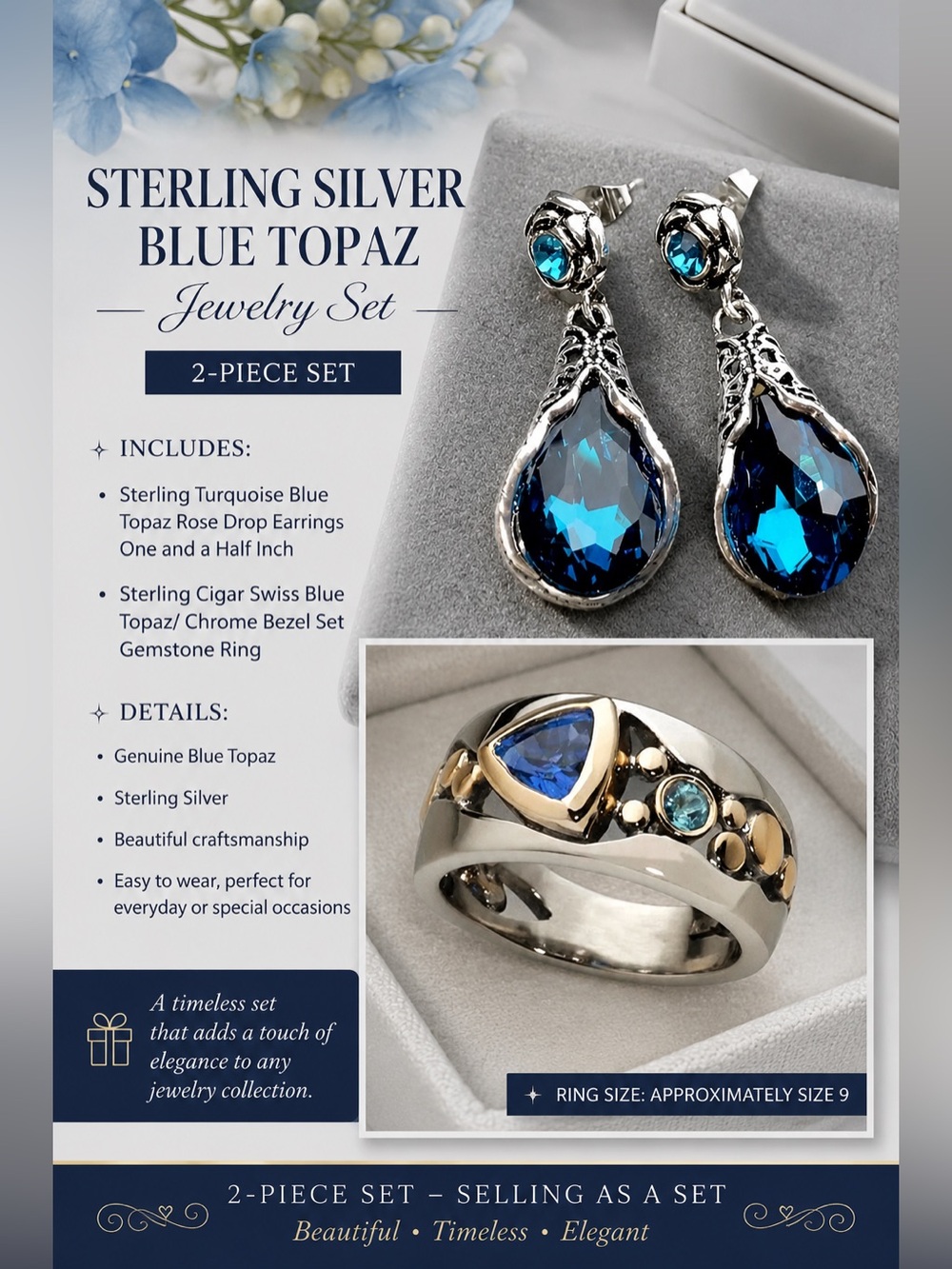 NWOT Sterling Silver Blue Topaz 2-Piece Jewelry Set Earrings and Ring